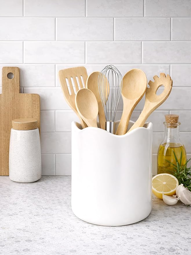 Ceramic Utensil Holder for Kitchen Counter, 7.1" Large Kitchen Utensil Holder for Countertop with Cork Bottom, Cooking Tool Organizer for Spatula, White