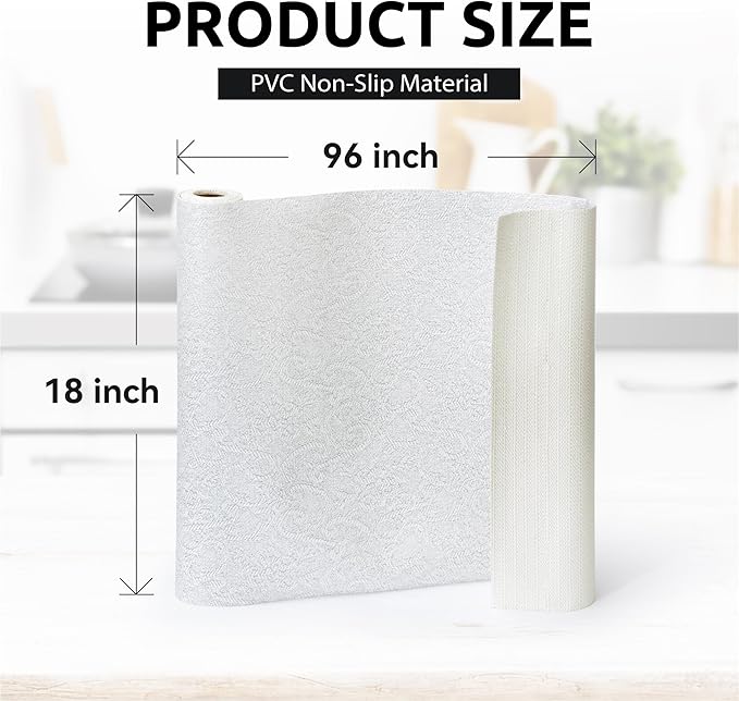 18X96 Inch Shelf Liner with Scissor & Tape Measure for Kitchen Cabinets, PVC Drawer Liner for Dresser Non-Slip Bathroom, Non-Adhesive Cabinet Liner Washable (White)