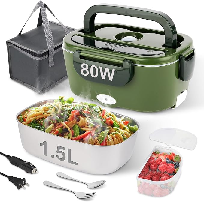 80W Electric Lunch Box for Adults, 1.5L Stainless Steel Food Warmer Lunchbox, 12V/24V/110V Portable Heated Lunch Box for Car/Truck/Office, Leak-Proof, Dishwasher-Safe with Insulated Bag(Green)
