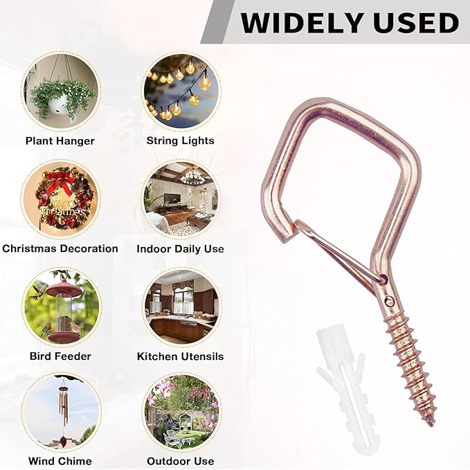 20PCS Eye Screw Hooks for Hanging Heavy Duty with Safety Buckle. Metal Ceiling Hooks for Hanging Plants, Cups, Wind Chimes, Bird Feeders, String Lights Indoors & Outdoors, 2.36 Inch (No Drill Bit)