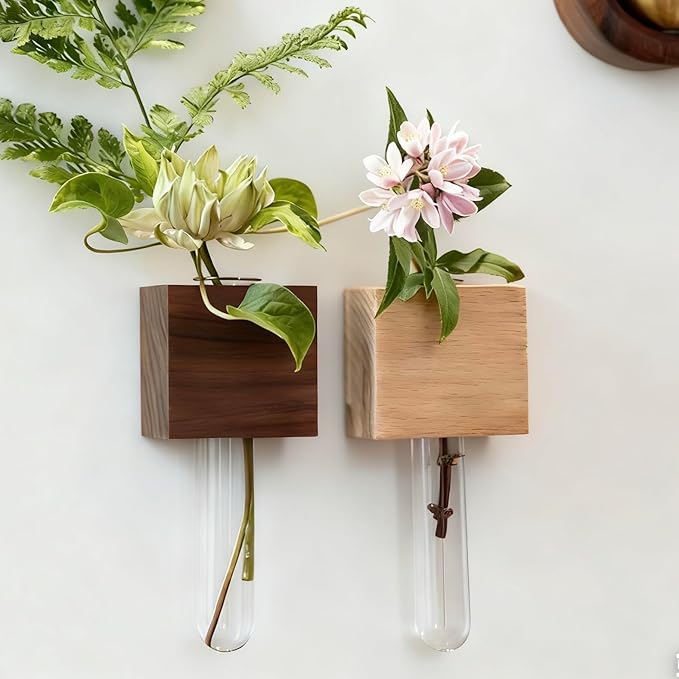 Mini Vase Magnets for Fridge,2PCS 3D Magnetic Wooden Wall Vase Holders with Test Tube, Magnetic Attachment Hard no Falling, Modern Home，for Kitchen, Refrigerator, Bedroom, Storage, Office Decorations