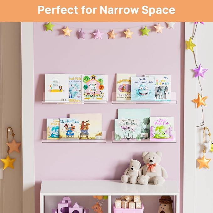 upsimples Acrylic Shelves for Bathroom Storage, 15" Floating Shelves Wall Organizer for Perfume, Makeup, Skincare, Kids Bookshelf for Bedroom, Nursery, Living Room Decor, Clear, 4 Pack