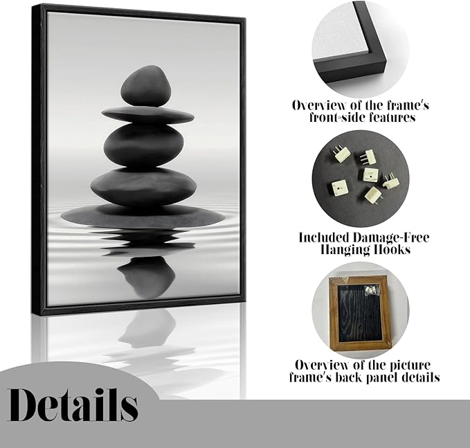 DCMVJHZV Framed Black and White Bathroom Wall Art Zen Stones in the water Bathroom Wall Art Yoga Meditation Picture Wall Decor Spa Room Bedroom Living Room Wall Painting Print (12"x16")