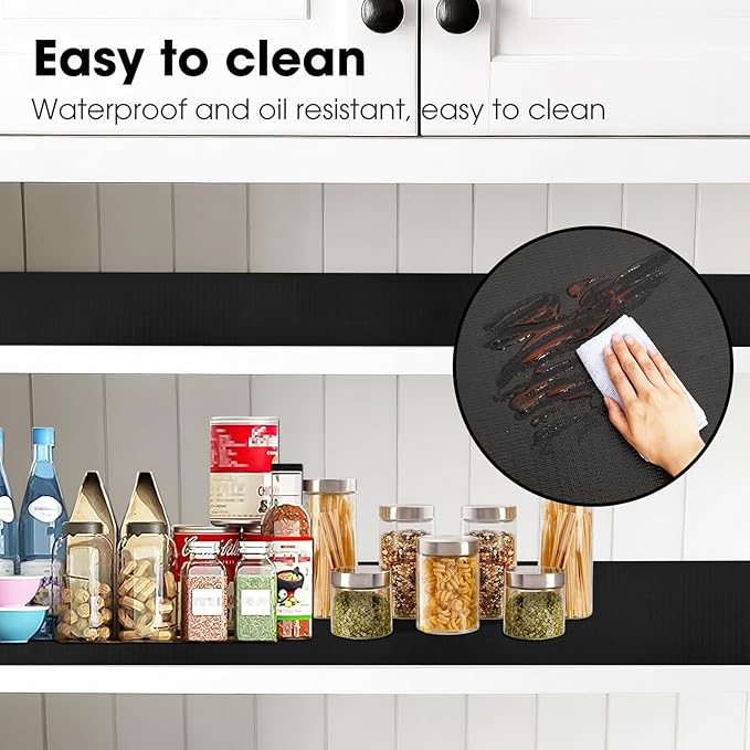Drawer and Shelf Liner, Non-Slip Kitchen Cabinet Liners Non-Adhesive Thick Strong Grip Waterproof Washable Mats Protect Dresser Shelves Cupboard Bathroom Cabinets, Black, 24 in X 10 FT