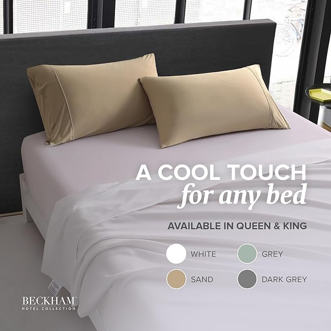 Beckham Hotel Collection Cooling Pillowcases for Hot Sleepers, Standard/Queen Size Set of 2, Cool Bedding, Envelop Closure, Silky Soft, Breathable, Moisture-Wicking, Sand