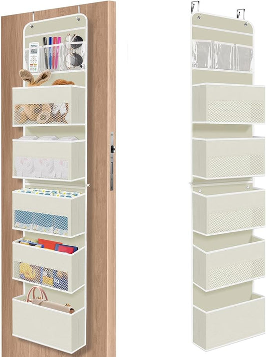 SpaceHacks 6-Tier Over The Door Organizer, Hanging Storage Organizer with Clear Window, 40lb Ultra Sturdy Large Capacity Room Organizer for Pantry Bathroom Nursery Closet Baby Essential (Beige)