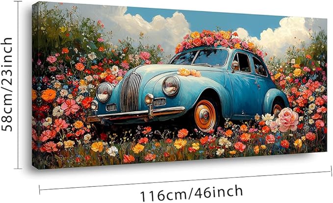 ZESTRILIA Car Wall Art Flower Canvas Paintings Old Shabby Garden Floral Artwork Rustic Landscape Picture for Country Farmhouse Living Room Bedroom Home Office Kitchen Décor (23x46inch)