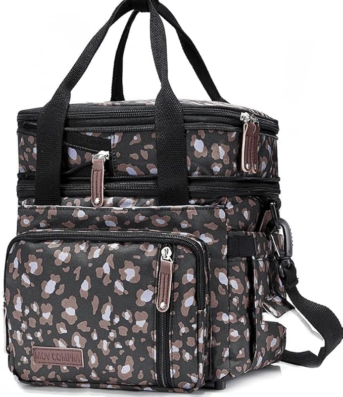MOV COMPRA Leopard Lunch Bags for Women, Expandable Large Lunch Box, Leakproof Double Deck Lunch Box Cooler Tote Bag with Removable Shoulder Strap (Leopard Print)