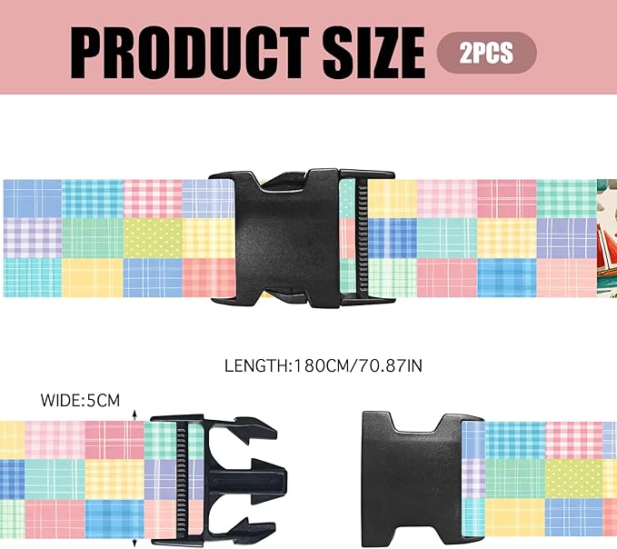 Nuxovilar Luggage Straps Multi-Color Check & dot Polyester 1.96x90.5inch 2 Set Suitcase Cargo Strap Travel Item Student Travel Bus Stop Short Trip