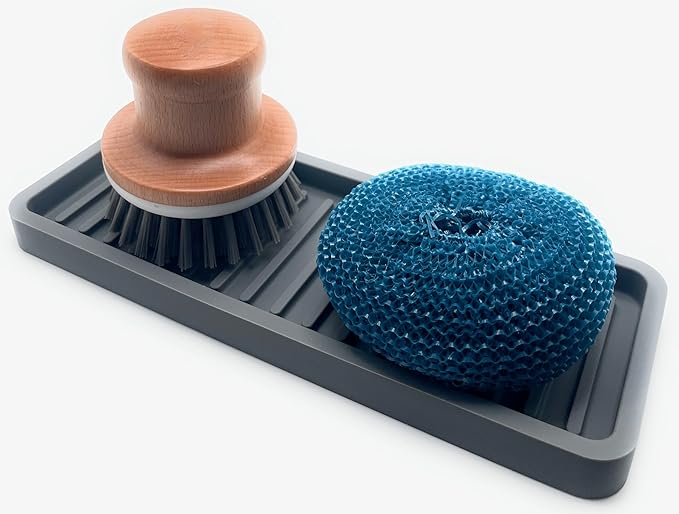 Happitasa Silicone Kitchen Sink Organizer Tray, Sponge Holder and Countertop Protector | Bathroom and Kitchen Soap Dish and Dispenser Tray (Grey, 9"x3.5")