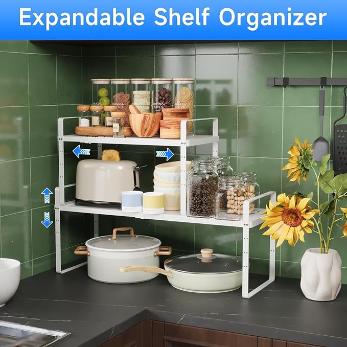 KIKIBRO Expandable Cabinet Shelf Organizer, Stackable Kitchen Pantry Counter Storage, Adjustable Closet Cupboard Stand Rack Risers, Spice Organization, 80LBS Heavy Duty, White, Large, 2 Pack