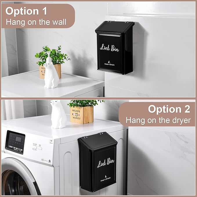 SUBEKYU Metal Magnetic Lint Bin for Laundry Room, Wall Mounted Lint Box Holder Trash Can with Lid for Dryer, Black