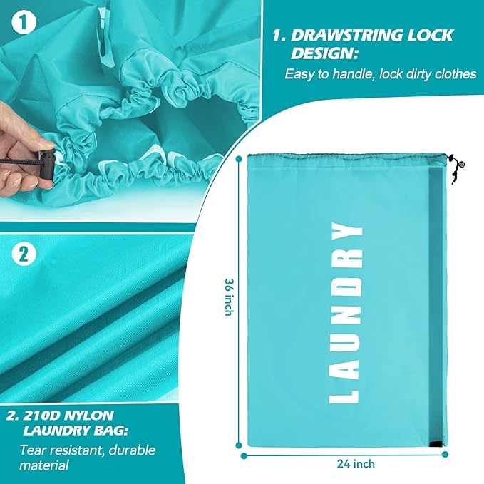 Isink Heavy Duty Laundry Bag with Strap, 2 Pack Travel Laundry Bags for Dirty Clothes, 24" x 36" Large Laundry Bag for Traveling, Camping, Dorm (Cyan + Gray)