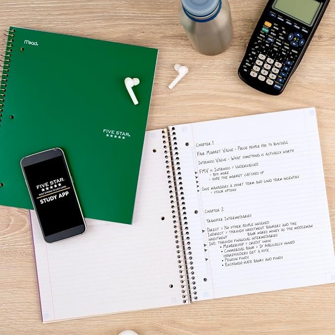 Five Star Spiral Notebook + Study App, 5 Subject, College Ruled Paper, 8-1/2" x 11", 200 Sheets, Fights Ink Bleed, Water Resistant Cover, Forest Green (72079) (Pack of 6)