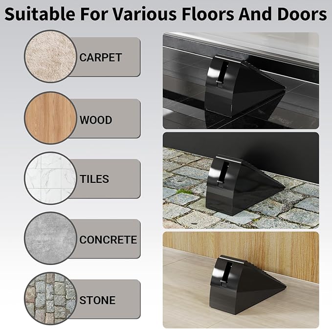 ZDZQJIA Heavy Duty Door Stoppers for Bottom of Door - Adjustable Spring Large Door Stop Wedge, Anti-Slip Rubber Grip,3" High Metal Doorstop Suits Carpet,Tile,Commercial,Home-Black2Pc+2 Wall Protectors