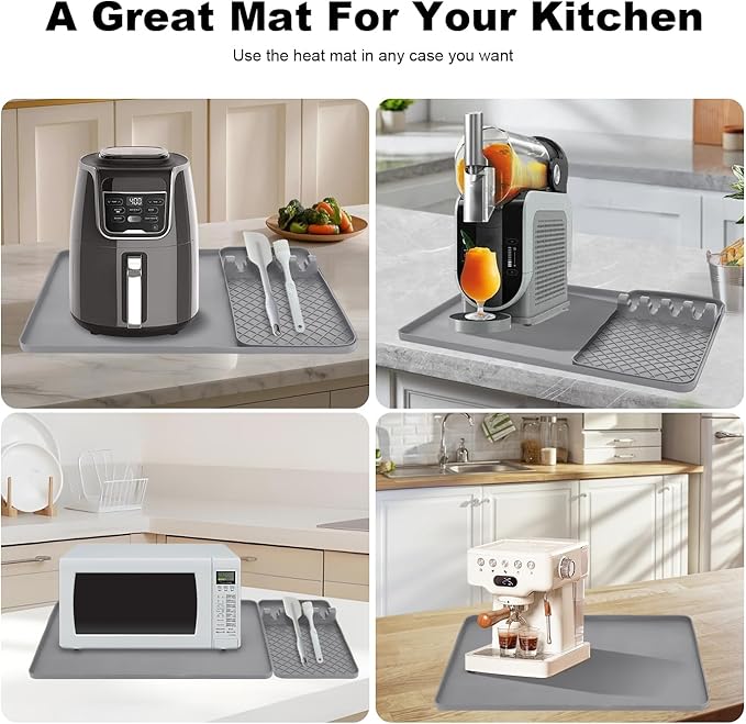 Silicone Heat Resistant Mat for Countertop - 24x16 Inch Air Fryer Mat with Kitchen Accessories Holder Pad for Microwave/Oven, Compatible with Ninja/Cosori/Chefman/Toshiba - Grey