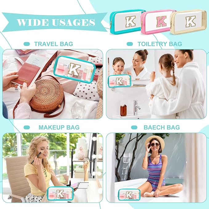 Personalized Initial Letter Clear Makeup Bag,Preppy Small Nylon&PVC Cosmetic Zipper Bag with Chenille Letter,Portable Beach Travel Skincare Toiletry Bag,Trendy Monogram Gift for Teen Girls Women,K
