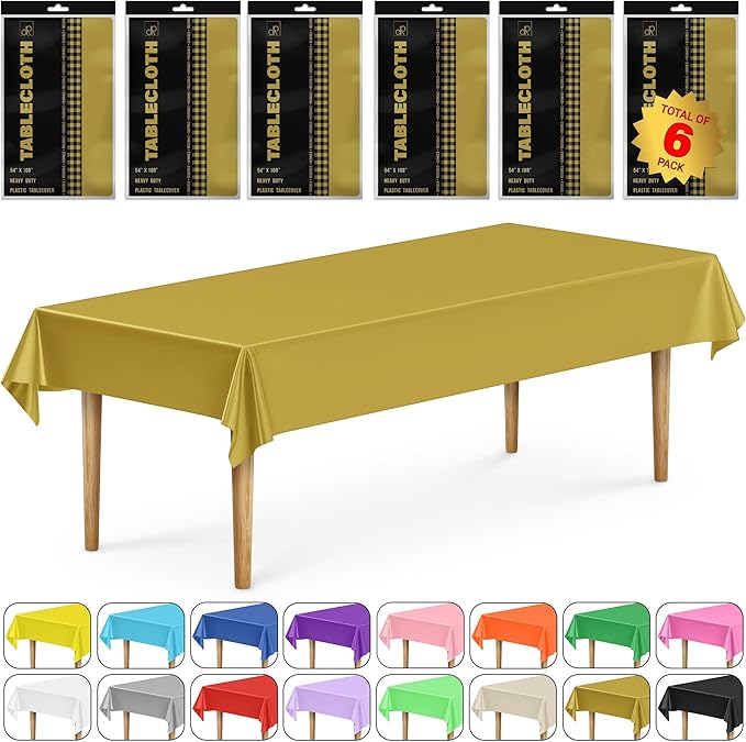 DecorRack 6 Rectangular Tablecloths BPA-Free Plastic, 54 x 108 inch, Dining Table Cloth, Rectangle Table Cover for Parties, Picnic, Camping and Outdoor, Disposable or Reusable, Gold (6 Pack)