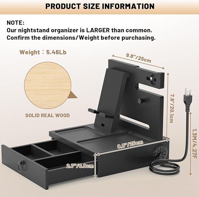 Wood Phone Docking Station with USB Ports and Outlets, Nightstand Organizer with Charging Station, Bedside Organizer with Drawer for Watch & Accessories, Christmas Anniversary Birthday Gifts for Men