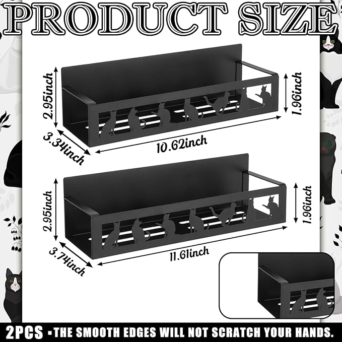 2 Pack Black Cat Magnetic Spice Rack for Refrigerator Metal Magnet Basket Shelf for Fridge Seasoning Storage Organizers Home Decor Kitchen Accessories (Black)