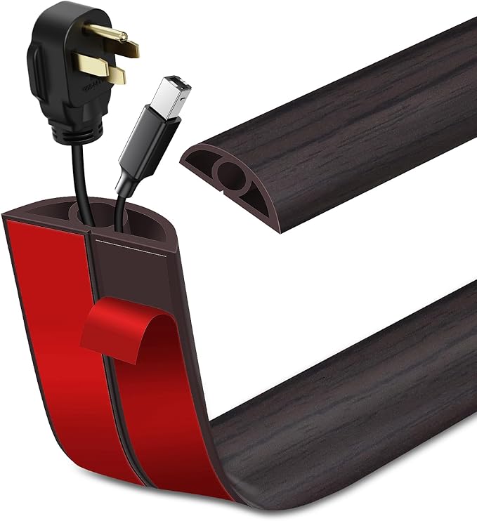 Floor Cord Cover Self Adhesive Cord Hider Floor Extension Cord Covers for Floor Power Cord Protector Cable Management Prevent Cable Trips Cable Cavity 0.32" W x 0.32" H (Dark Walnut, 20Ft)