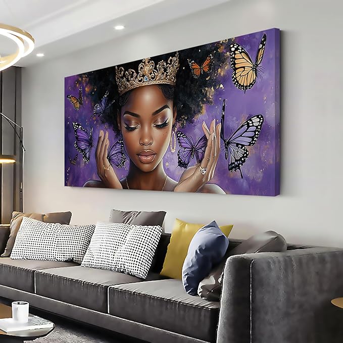 ZESTRILIA African American Wall Art for Girls Room Purple Black Butterfly Canvas Painting Prints Artwork Living Bedroom Office Decor (40x20 Inches)