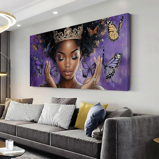 ZESTRILIA African American Wall Art for Girls Room Purple Black Butterfly Canvas Painting Prints Artwork Living Bedroom Office Decor (30x16 Inches)