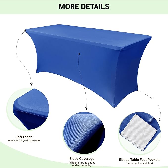 Obstal 8Ft Stretch Spandex Table Cover for Standard Folding Tables - 2 Pack Universal Rectangular Fitted Tablecloth for Party, Banquet, Events, Trade Show (Royal Blue, 96L x 30W x 30H Inches)