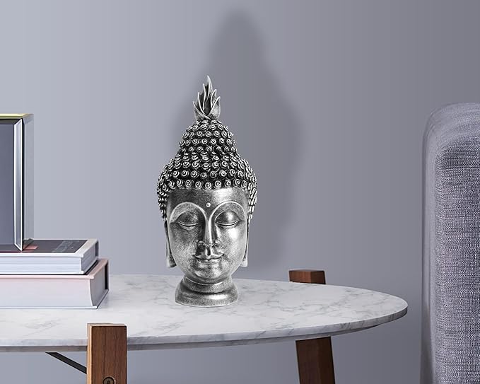 Buddha Head Statue Zen Meditation Decoration, 11 inch Resin Antique Silver Buddha Head Statue for Buddhist Spiritual Altar Decoration Buddhism Gifts
