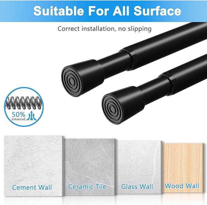 2 Pack Spring Loaded Tension Rod 17-41" Adjustable Curtain Rods No Drill Extendable Spring Rod Tension Curtain Rods For Window Kitchen Shelves Rv Refrigerator And Small Spaces,Black