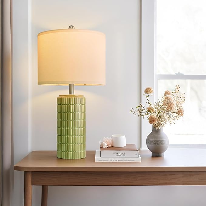 PoKat 23" Green Ceramic Table Lamps Set of 2, Farmhouse Table Lamps for Living Room, Modern Lamps for Bedroom Night Stands, Traditional Nightstand Desk Lamps, Medium