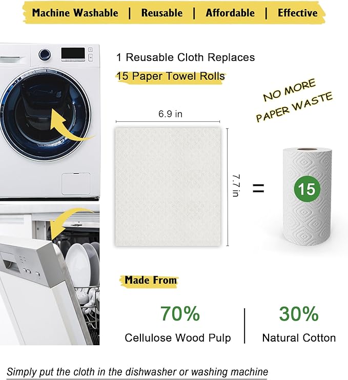 MoLKENE Swedish Dishcloths for Kitchen | 10 Pack Absorbent Cellulose Sponge Cloths Washable | Non-Scratch Reusable Paper Towels Quick Drying Cleaning Rag - White