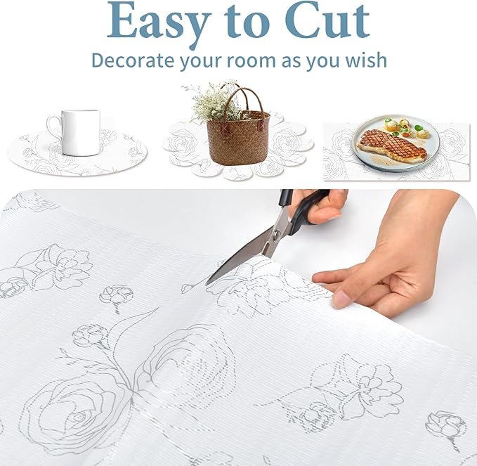 Shelf Liners for Kitchen Cabinets, 12in x 30FT, Non-Adhesive Drawer Liner, Silver Floral, Thickened Shelf Liner Paper, Strong Non-Slip, Easy to Clean, for Tool Box and Refrigerator, with Knife and Tape Measure