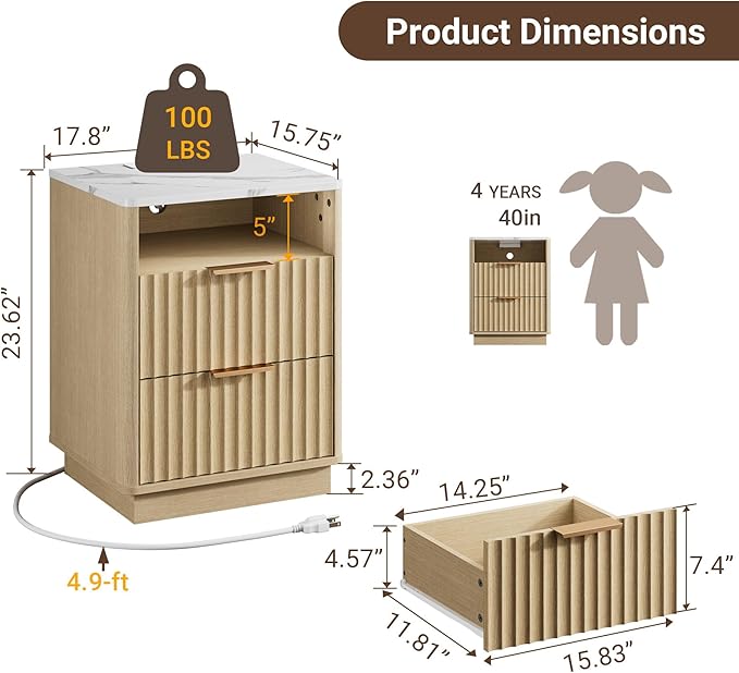 Fluted Nightstand with Charging Station, 18" Modern Night Stand with Faux Marble Top, 2 Drawers End Table with Storage, Bedside Table for Bedroom Living Room, Curved Profile (Natural Oak)