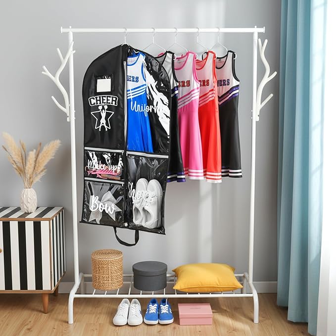 DEEKA Cheer Garment Bag for Hanging Clothes with Zipper Pockets Cheer Accessories Mom Essentials Uniform Costume 40 Inch Black Bags Stuff for Cheerleading Girls (Black,White-Cheer Star Logo)