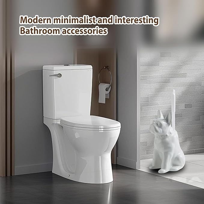 Shar Pei Dog Toilet Brush Holder - White Ceramic Bathroom Decor with Durable Brush, Giftable Foam Packaging