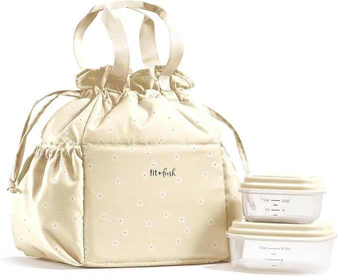 Fit & Fresh Cromwell Drawstring Lunch Bag for Women, Complete Lunch Set with 2 Containers, Stain-Resistant, Leak-Resistant, Back to School Essential, Teacher Lunchbox, Ivory Daisies