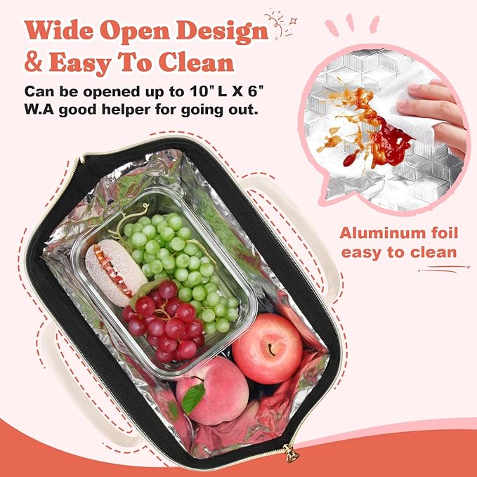 Lunch Bag Women Insulated Lunch Box Wide-Open Lunch Tote Bag Large Drinks Holder Durable Nylon Thermal Snacks Organizer for Men Adults Work Picnic Hiking Beach Fishing, Pink Wavy