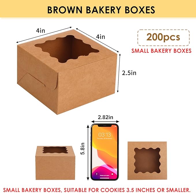 Moretoes 200pcs Cookie Boxes with Window,4x4x2.5 Inch Small Bakery Boxes, for Small Cake, Treats, Donuts, Candy (Brown)