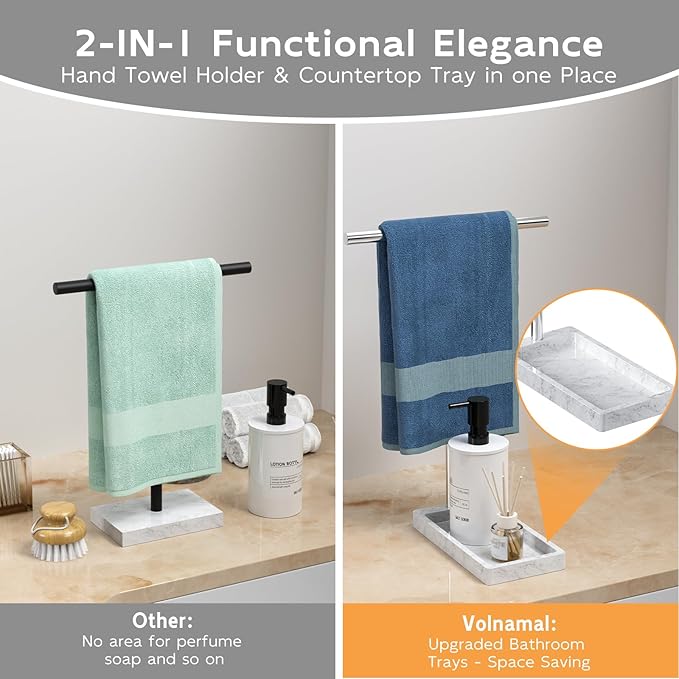 Volnamal Hand Towel Holder for Bathroom, 2-in-1 T-Shape Towel Stand with Countertop Tray, Hand Towel Rack Standing for Counter Top, Vanity, Kitchen, Heavy Non-Tipping Holder - Silver