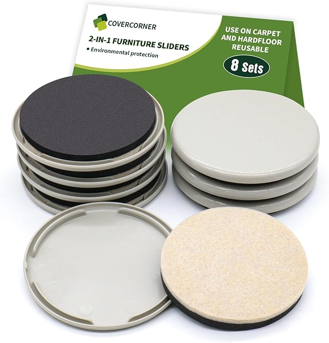 COVERCORNER Furniture Sliders 8 PCS - 2-in-1, 3.5-inch or 4-inch - Furniture Sliders for Carpet & Hardwood Floors! Furniture Movers Sliders & Sliders for Moving Furniture Easily & Safely!
