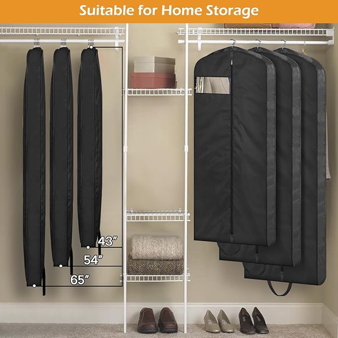 MISSLO 43" Mens Garment Bags for Travel Waterproof Suit Bags for Closet Storage for Shirts, Jackets, Coats, Black, 3 Packs