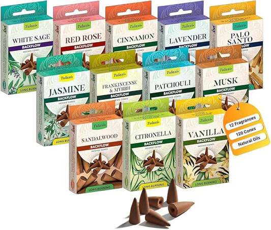 Tulasi Backflow Incense Cones with Natural Oils, Scents Set of 12 Fragrances (120 Cones) Calming Home Aromatherapy, Yoga, Meditation, Relaxing, Mixed Scents with Natural Oils, Thanks Giving