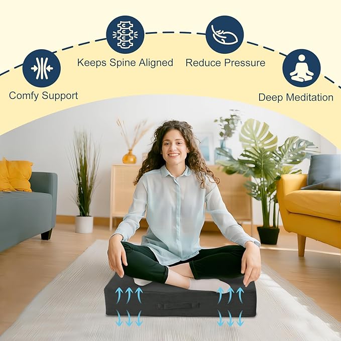 Wellsin Solid Square Floor Pillows for Adults Kids - Large Meditation Floor Pillow Seating Cushion with Thick Foam & Washable Velvet Cover, 2 Pack, 22x22x5 Inch, Gray