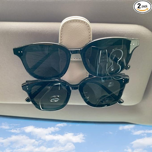 2 Pack Sunglass Holder for Car Visor Clip, Magnetic Leather Eyeglass Hanger Clip for Car, Square Car Visor Accessories (White)