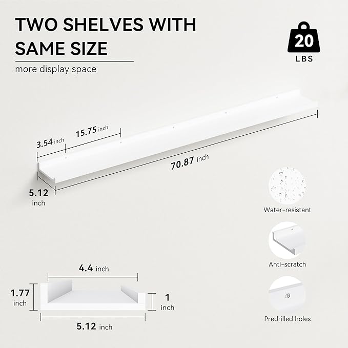 70.9 Inches Long Floating Shelves, 2 Set White Wall Shelf for Bedroom, Nursery Book Shelf with Lip, Picture Ledge Shelf for Wall Decor Living Room Bathroom Kitchen