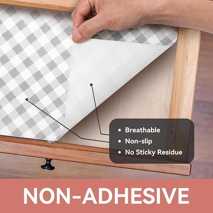 RAY STAR Shelf Liners 20 Inch X 6 Ft for Kitchen Cabinets Non-Adhesive, Cabinet Liners for Shelves Waterproof Easy Trim Non Slip Grip Bottom Drawer Pantry Liner Gingham Checkered Grey