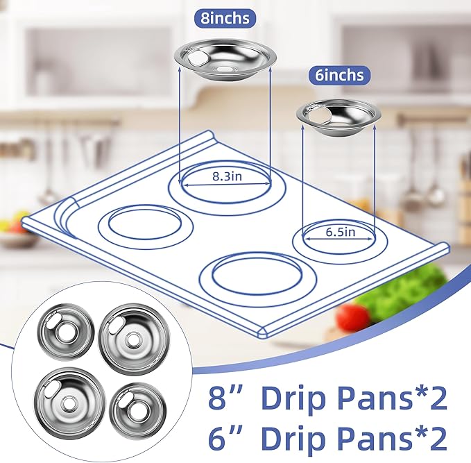 W10196406 and W10196405 Chrome Stove Burner Drip Pan Set for Whirlpool Amana Maytag Magic-Chef Kenmore Electric Range with Locking Slot, Includes 2 6-Inch and 2 8-Inch Drip Bowls