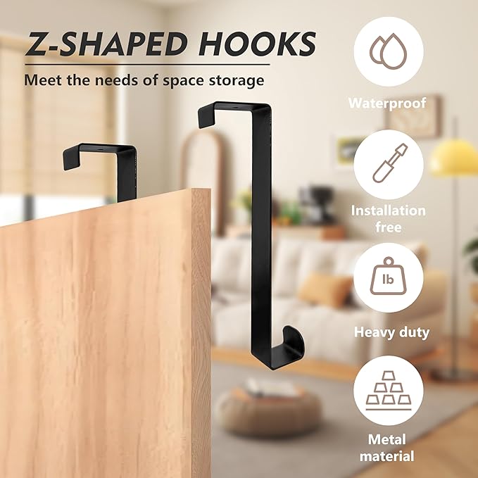 OUYIALY Over The Door Hooks, 2-Pack Heavy Duty Towel Rack Hanger for Bathroom, Bedroom, Dorm Room, Fixed Door Hooks for Hanging Robe, Coat, Towel, Organizer (Black)