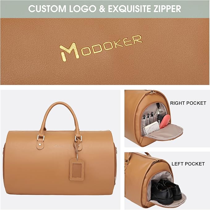 Modoker Women Convertible Leather Garment Bag with Shoulder Strap, PU Leather Garment Duffel Bag Carry on 2 in 1 Hanging Suitcase Suit Travel Bags, Coffee